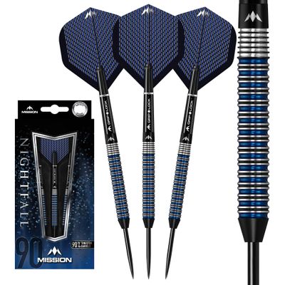 Mission Darts Nightfall | Premium 90% Tungsten Barrel Steel Tip Dart Set with Flights, Mission Griplock Stems and Case, 24g, M2, Black/Blue (D1505)