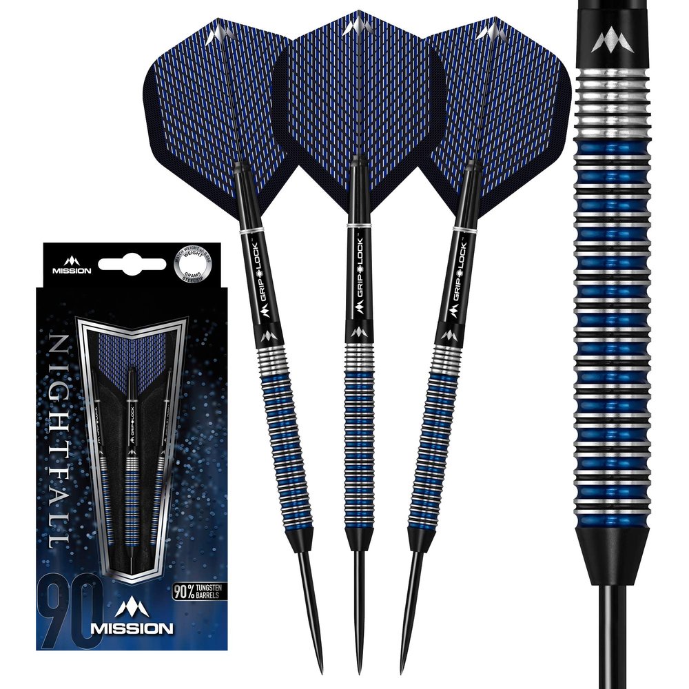 Mission Darts Nightfall | Premium 90% Tungsten Barrel Steel Tip Dart Set with Flights, Mission Griplock Stems and Case, 24g, M2, Black/Blue (D1505)
