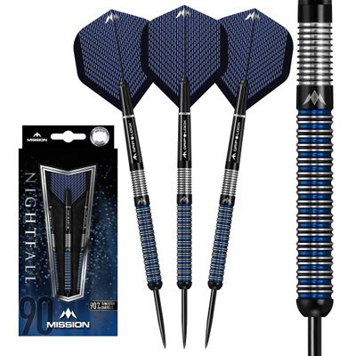 Mission Darts Nightfall | Premium 90% Tungsten Barrel Steel Tip Dart Set with Flights, Mission Griplock Stems and Case, 25g, M1, Black/Blue (D1554)