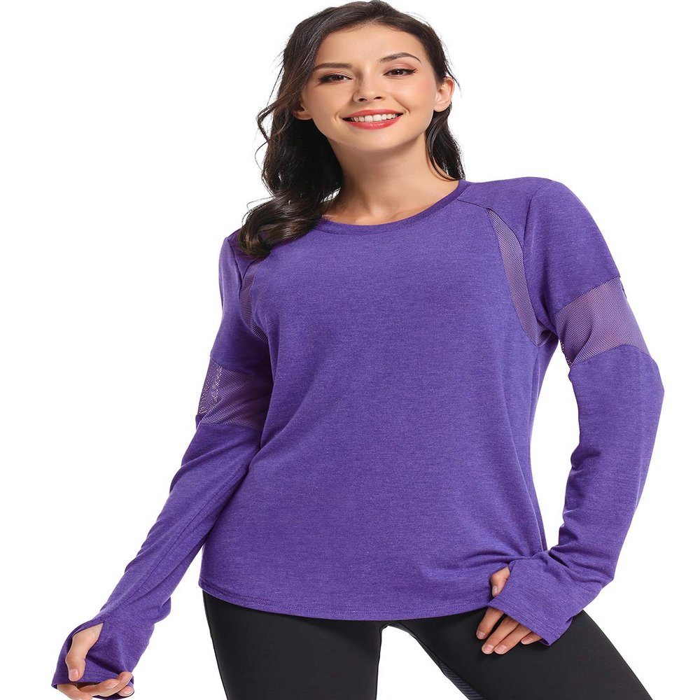Muzniuer Womens Long Sleeve Workout Shirts-Plain Long Sleeve Tshirt for Women Yoga Sports T-Shirt Long Sleeve Breathable Shirts Activewear with Thumb Hole Purple S
