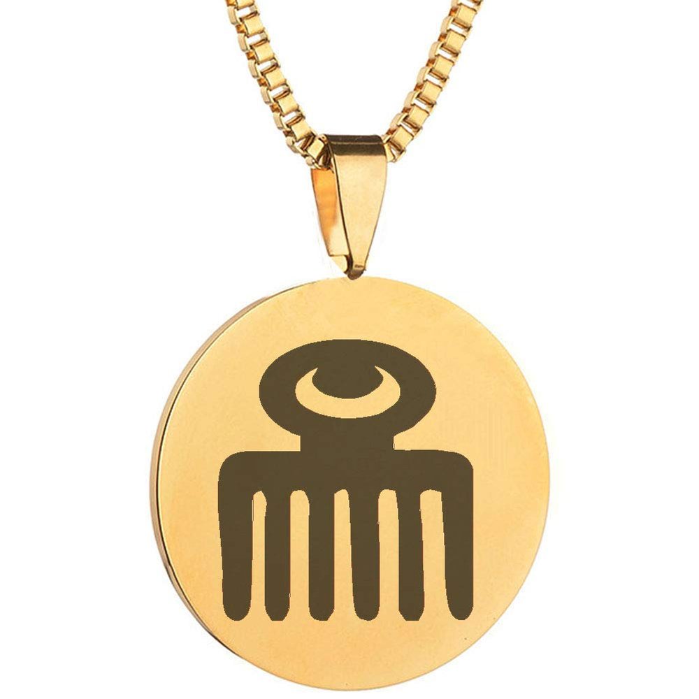 Adinkra Symbols Gold Plated Duafe Stainless Steel Love and Virtues Pendant Necklace