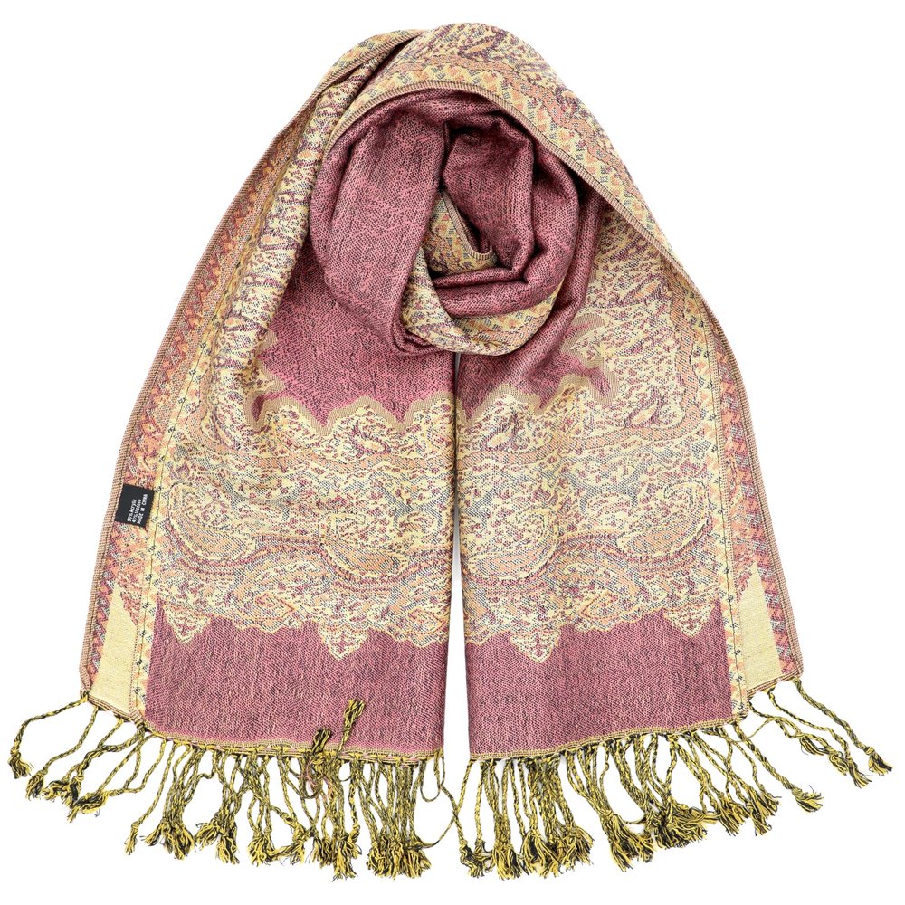 Achillea Soft Silky Reversible Paisley Pashmina Shawl Wrap Scarf w/Fringes (Border Orchid)