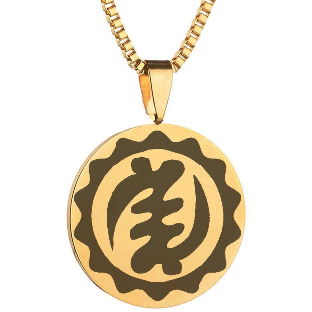 Adinkra Symbols Gold Plated Nyame Ye Ohene Symbol of Majesty and Supremacy of God Stainless Steel Pendant Necklace