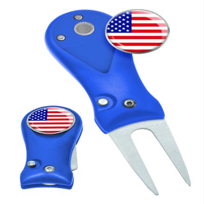 Clip Wipes Divot Tool American Flag | USA Golf Switchblade Style (Blue-Flag)