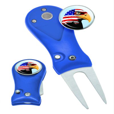 Clip Wipes Divot Tool American Flag | USA Golf Switchblade Style (Blue-Eagle)
