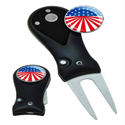 Clip Wipes Divot Tool American Flag | USA Golf Switchblade Style (Black-Flag2)