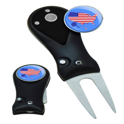 Clip Wipes Divot Tool American Flag | USA Golf Switchblade Style (Black-Map)