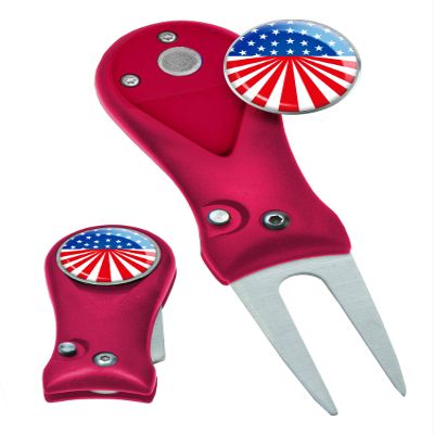 Clip Wipes Divot Tool American Flag | USA Golf Switchblade Style (Red-Flag2)