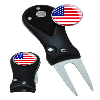 Clip Wipes Divot Tool American Flag | USA Golf Switchblade Style (Black-Flag)