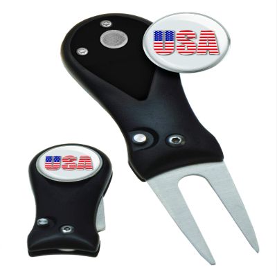 Clip Wipes Divot Tool American Flag | USA Golf Switchblade Style (Black-USA)