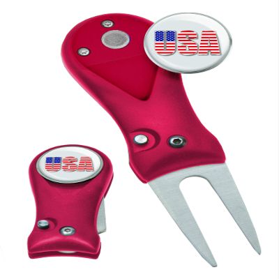 Clip Wipes Divot Tool American Flag | USA Golf Switchblade Style (Red-USA)
