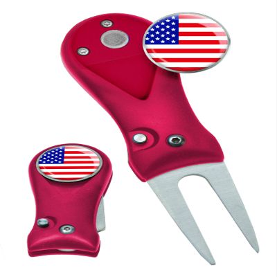 Clip Wipes Divot Tool American Flag | USA Golf Switchblade Style (Red-Flag)