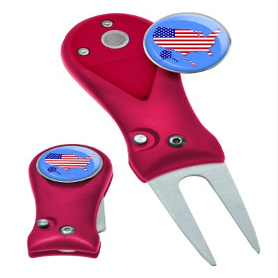 Clip Wipes Divot Tool American Flag | USA Golf Switchblade Style (Red-Map)