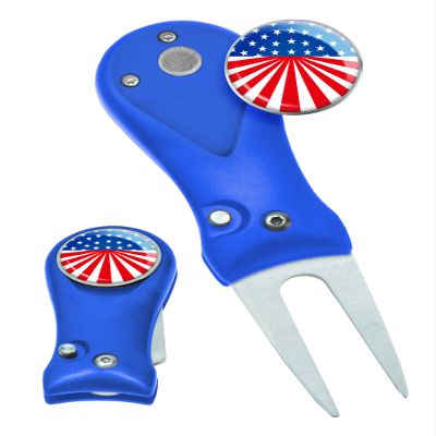 Clip Wipes Divot Tool American Flag | USA Golf Switchblade Style (Blue-Flag2)