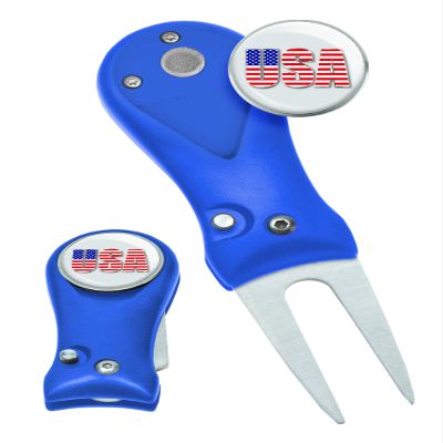 Clip Wipes Divot Tool American Flag | USA Golf Switchblade Style (Blue-USA)