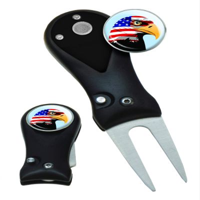 Clip Wipes Divot Tool American Flag | USA Golf Switchblade Style (Black-Eagle)
