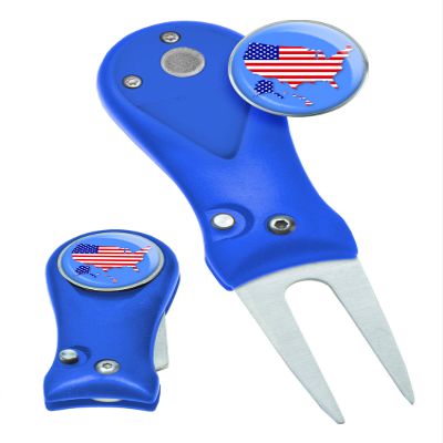 Clip Wipes Divot Tool American Flag | USA Golf Switchblade Style (Blue-Map)