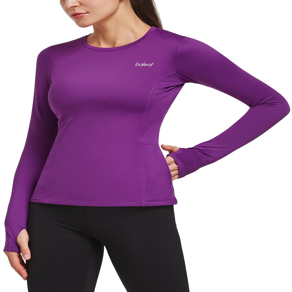 baleaf Women's Thermal Tops Long Sleeve Workout Shirts Running Compression Zipper Pocket Fleece Cold Weather Gear Winter Thumbholes Purple XS