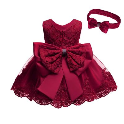 Baby Girl Formal Lace Dress Toddler Infant Birthday Party Embroidery Easter Dresses with Headwear(Burgundy,3M)