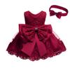 Baby Girl Formal Lace Dress Toddler Infant Birthday Party Embroidery Easter Dresses with Headwear(Burgundy,3M) view 1