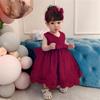 Baby Girl Formal Lace Dress Toddler Infant Birthday Party Embroidery Easter Dresses with Headwear(Burgundy,3M) view 2