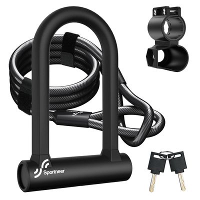 Sportneer Bike Lock: Heavy Duty Anti Theft Bike U Lock with 5ft Security Steel Cable - 17mm Shackle Bicycle U-Locks with Keys & Sturdy Mounting Bracket for Road, Mountain, Electric & Folding Bike
