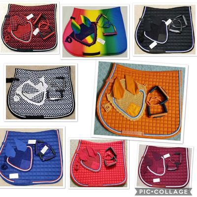 Lift Sports Horse English Saddle Pad Set 8 Colors with Matching Flexible Safety Stirrups Bendy Iron Fly Bonnet Veil Ear Net Full/Horse Size Cotton Hand Made Tack Equestrian Horse Shows (Maroon)