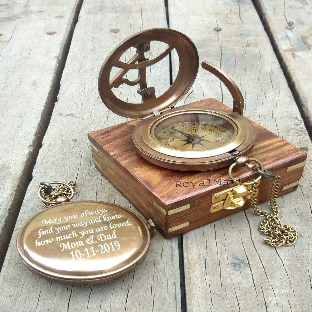 Engraved Compass Antique Compass Custom Gift Brass Compass Gift for Graduation, Anniversary, Baptism, Retirement - Vintage Style Working Compass (Engraved with Wooden Box)