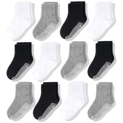 CozyWay Toddler Grip Socks - Soft Cotton Comfort & Toddler Cotton Socks - Non-Slip Grippers & Grippy Pairs for Kids - 3T-5T, Black/White/Gray, 12-Pack