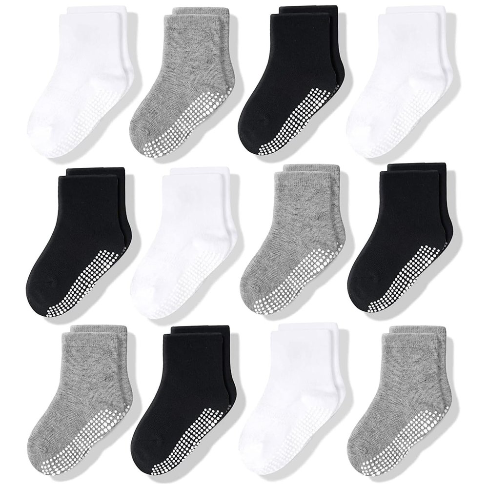 CozyWay Toddler Grip Socks - Soft Cotton Comfort & Toddler Cotton Socks - Non-Slip Grippers & Grippy Pairs for Kids - 3T-5T, Black/White/Gray, 12-Pack