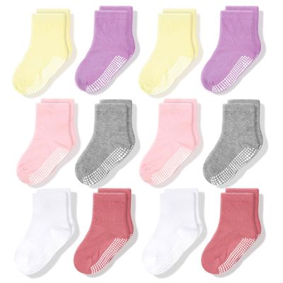 CozyWay Toddler Grip Socks - Non-Slip Toddler Socks With Grippers - Soft Cotton Blend Comfort Fit - Reinforced Toe for Boys & Girls - 3T-5T, Pack of 12, Pink/White/Gray