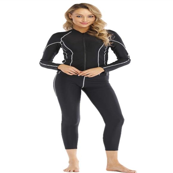 TianMaiGeLun Plus Size Women 2 Pieces Patchwork Long Sleeve Rash Guard Swimsuit UPF 50+ Surf Swimwear Sport Burkinis (Black White, XL)