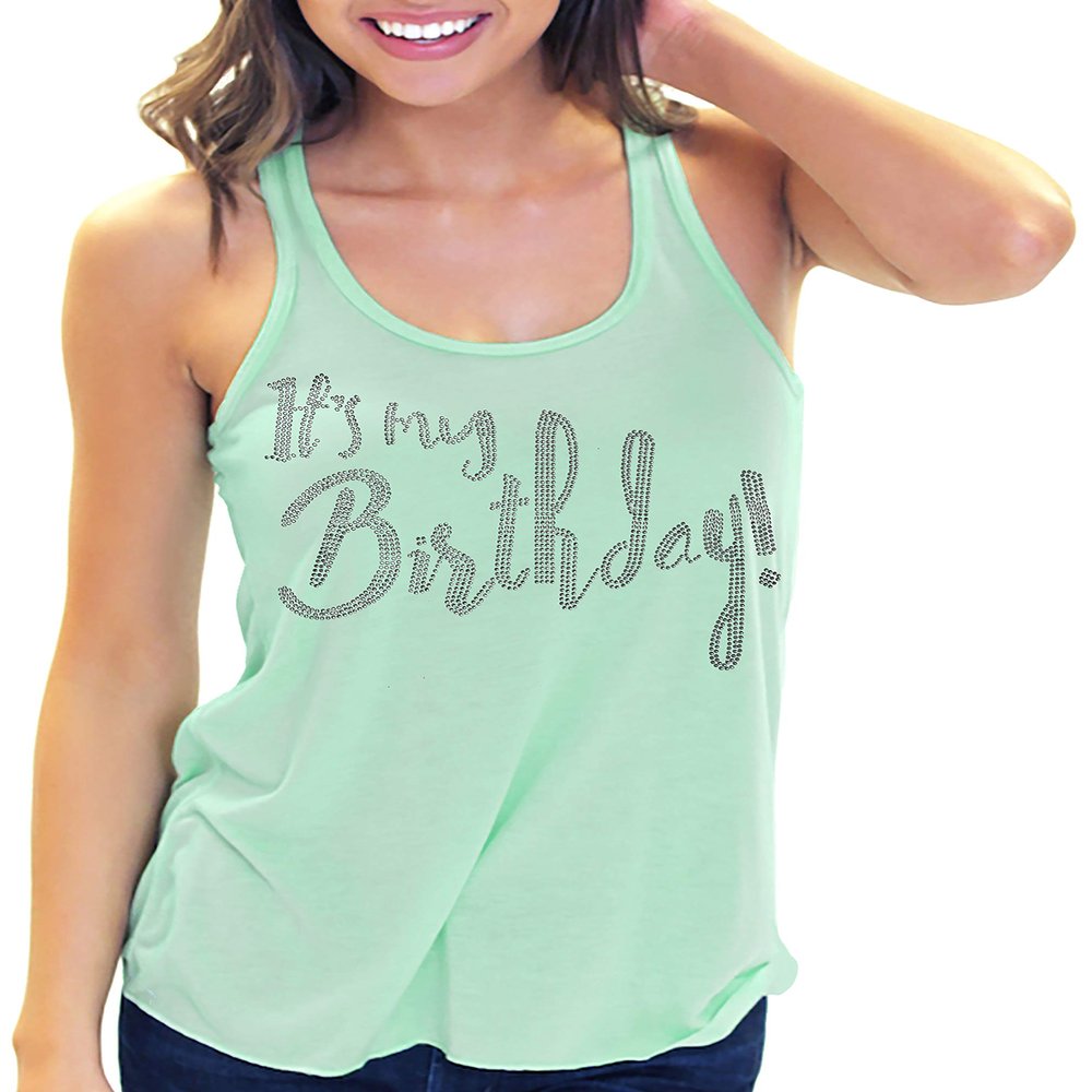 It's My Birthday! Rhinestone Women's Flowy Racerback Tank Top - Medium - Mint Green