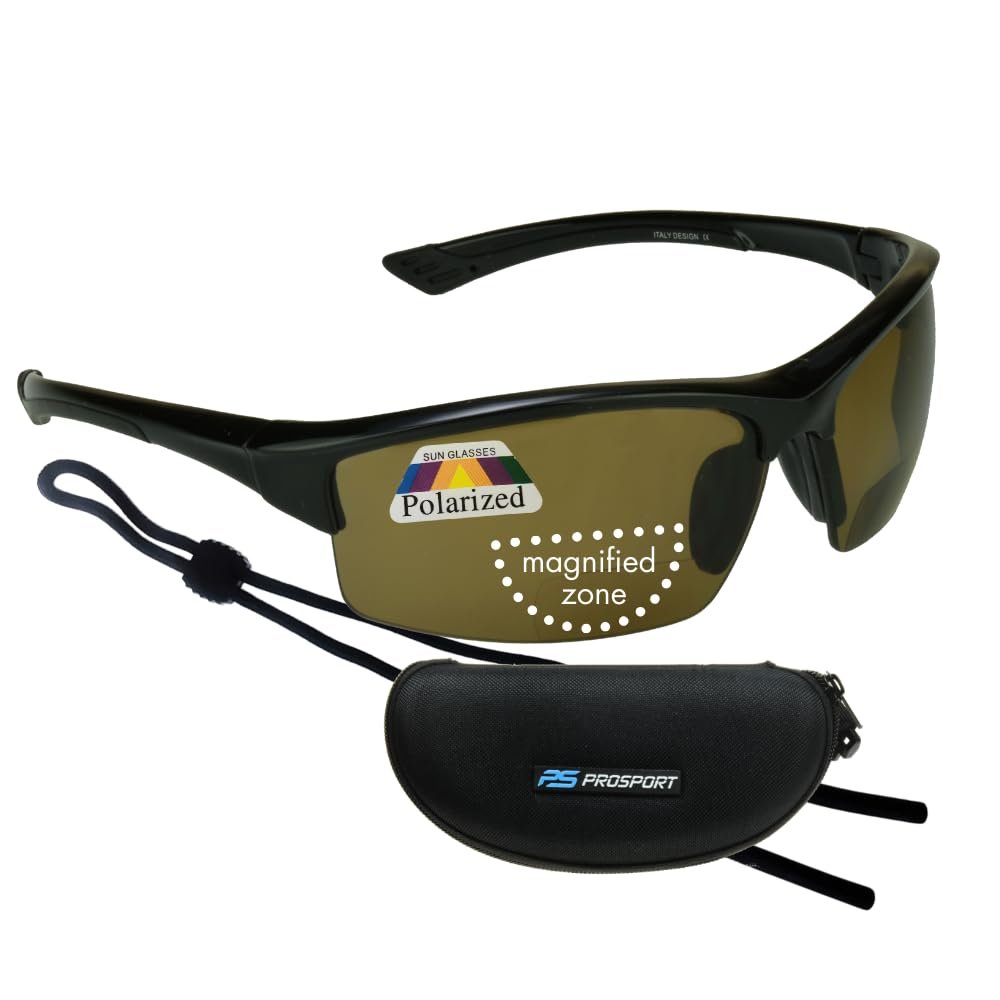 proSPORT Polarized Bifocal Sunglasses +2.50 Amber Lens Black Frame Men and Women Zipper Hard case and Sunglass Retainer Included