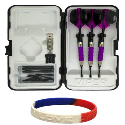 sure grip Viper Purple Soft Tip Darts with Dart Case & Accessories Choice of Flights 16 or 18 Grams Plus I Love Darts Bracelet (Pentathlon Vizion Swish Standard, 16)