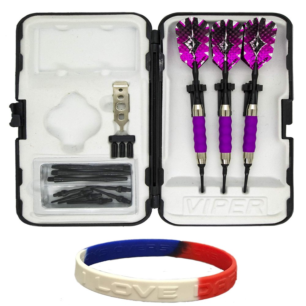 sure grip Viper Purple Soft Tip Darts with Dart Case & Accessories Choice of Flights 16 or 18 Grams Plus I Love Darts Bracelet (Dimplex Metallic, 16)