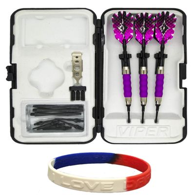 Sure Grip Viper Purple Soft Tip Darts with Dart Case & Accessories Choice of Flights 16 or 18 Grams Plus I Love Darts Bracelet (Dimplex Metallic, 18)