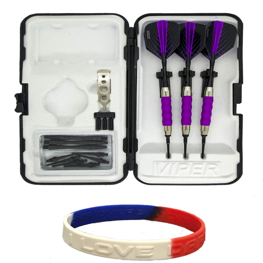 sure grip Viper Purple Soft Tip Darts with Dart Case & Accessories Choice of Flights 16 or 18 Grams Plus I Love Darts Bracelet (Harrows Quantum, 16)