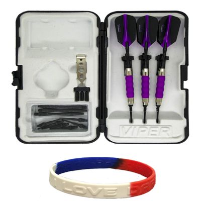 Sure Grip Viper Purple Soft Tip Darts with Dart Case & Accessories Choice of Flights 16 or 18 Grams Plus I Love Darts Bracelet (Harrows Retina Slim, 16)