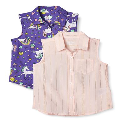 Amazon Brand - Spotted Zebra Girls' Sleeveless Woven Tops, 2-Pack Unicorns/Metallic Stripe, 2T