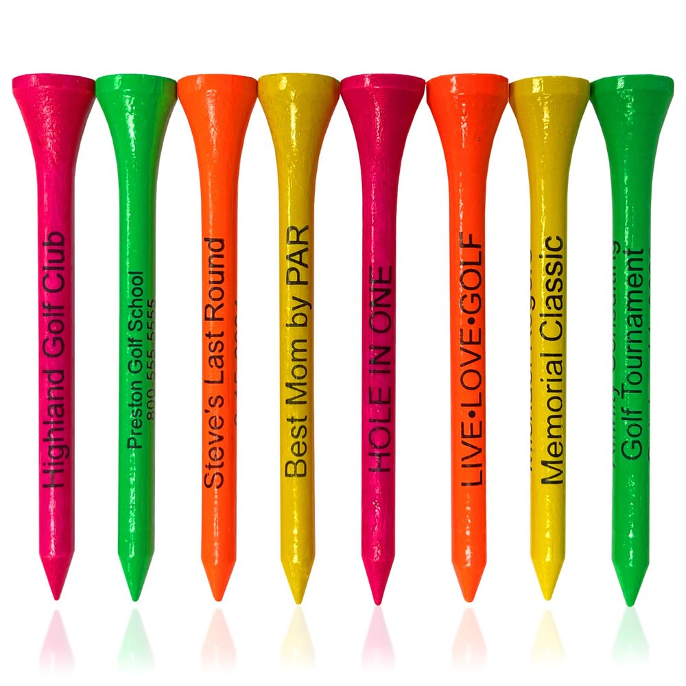 3  Bamboo Golf Tees, Customizable Golf Tees with 27 Characters for Messages Imprinted in Black, Essential Equipment & Ideal Gift for Golfers, Pack of 100, Neon Mix