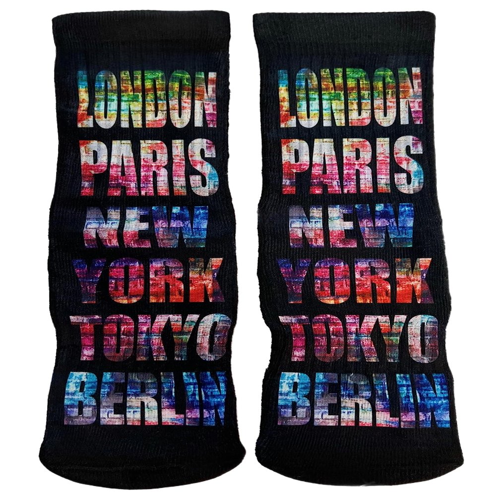 99% FRESH MEN'S BLACK MULTI LONDON PARIS NEW YORK TOKYO BERLIN PERFORMANCE RUBBER CASUAL CREW SOCKS ONE SIZE