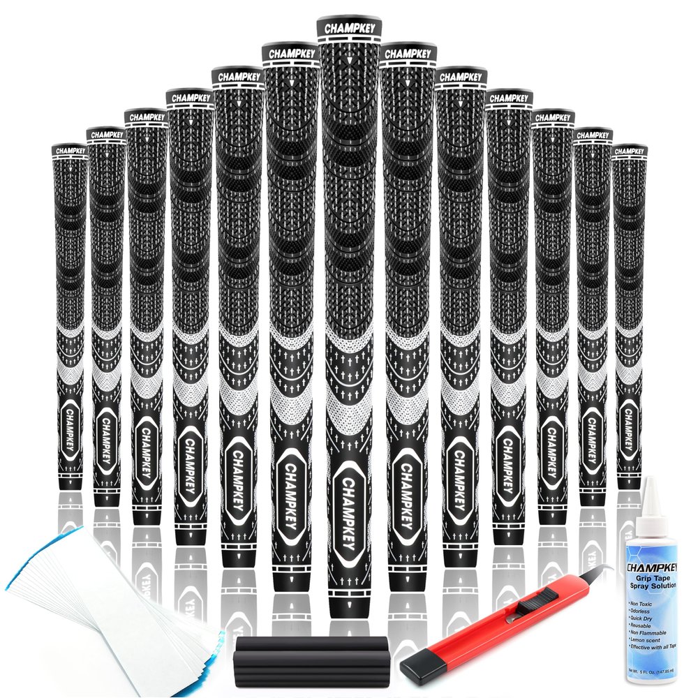 CHAMPKEY Premium Hybrid Golf Grips 13 Pack with All Repair Kits - All Weather Performance Golf Club Grips - High Traction and Control Half Corded Golf Grips for Men(Black,Standard)