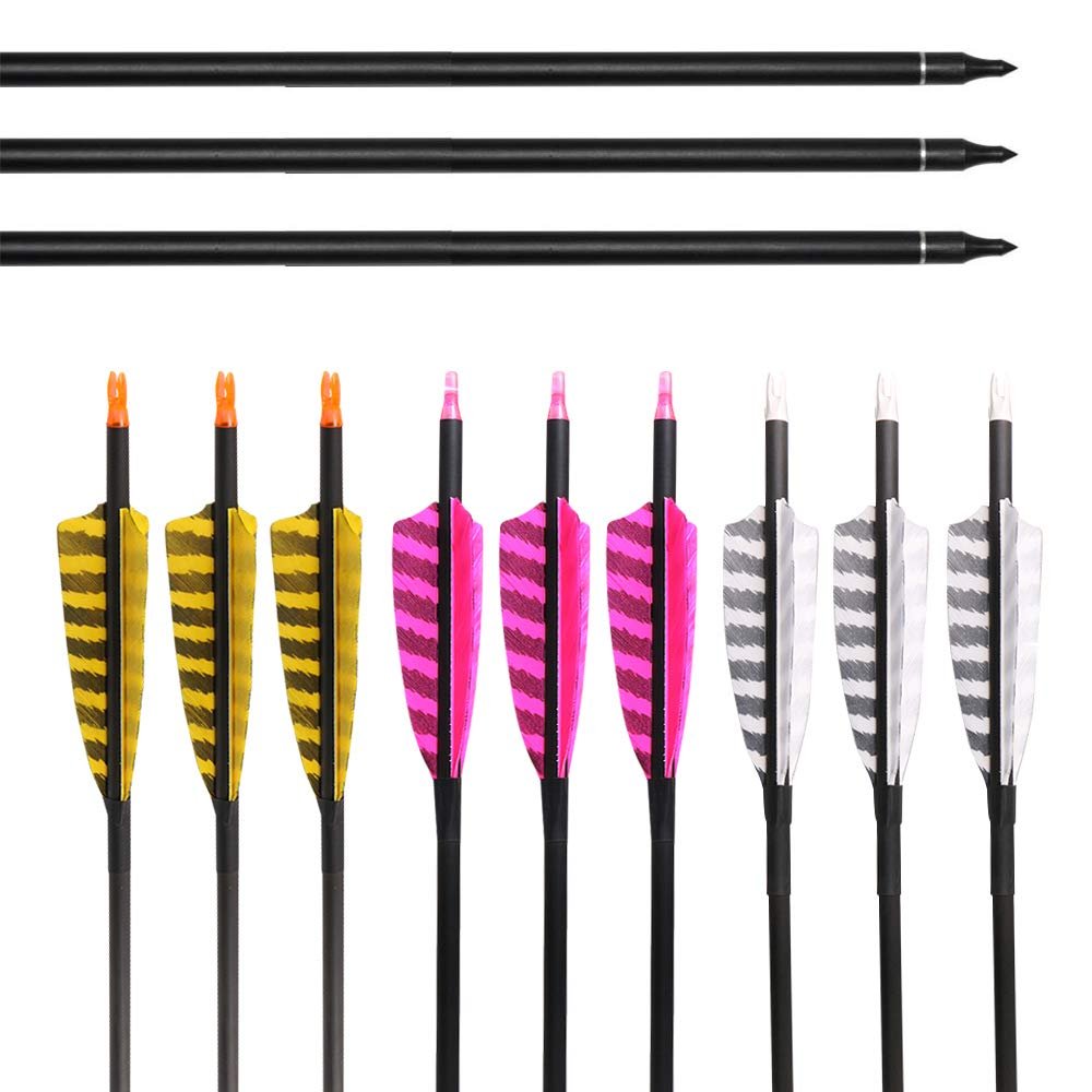 Obert 12pcs 31 Inch Archery Carbon Arrows 600 Spine with 4" Natural Feathers Fletching Hunting Targeting Arrow for Recurve Bow Longbow Compound Bow (Yellow)