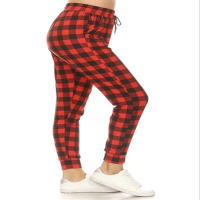 Leggings Depot Women's Relaxed fit Jogger Pants - Track Cuff Sweatpants with Pockets-S766, X-Large, Red Gingham
