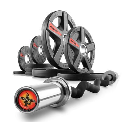 XMARK Weights, 95 lb Weight Set and Barbell, Texas Star Rubber-Coated Olympic Plates with XMARK EZ Curl Bar, Build Biceps and Tricep, Exercise Equipment for Home Gym