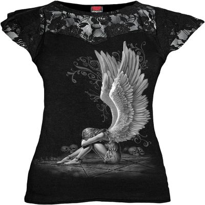 Spiral - Enslaved Angel - Lace Layered Cap Sleeve Top Black - XXL, Black, XX-Large