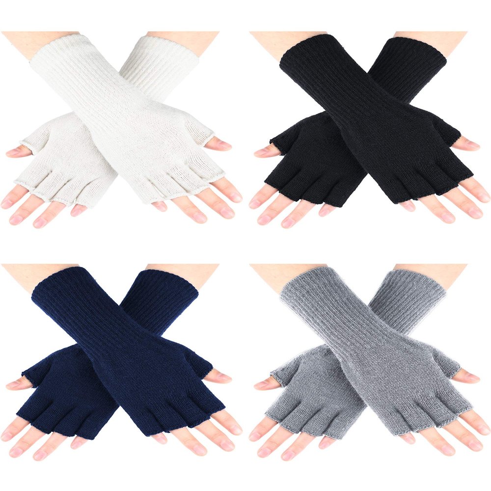 SATINIOR 4 Pairs Kids Long Half Winter Fingerless Gloves Knitted Arm Warmers Half Finger Mittens for Kids(Black+White+Gray+Navy Blue,for 6-10 Years Old)