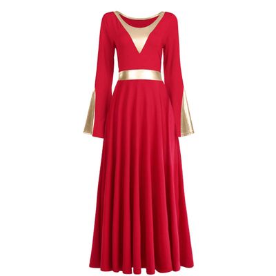 IBAKOM Adult Women Praise Robe Worship Dress Bell Sleeve Liturgical Full Length Wide Swing Loose Fit Lyrical Celebration of Spirit Dancewear Red+Gold S