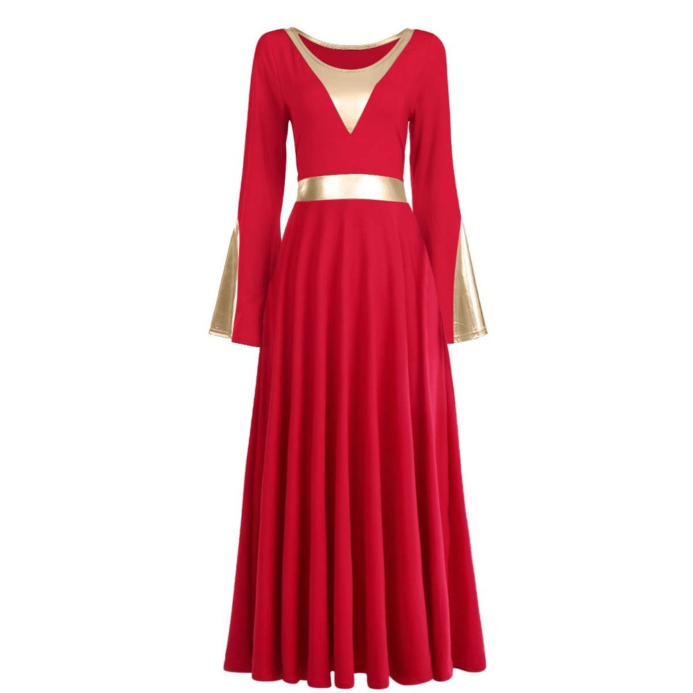 IBAKOM Adult Women Praise Robe Worship Dress Bell Sleeve Liturgical Full Length Wide Swing Loose Fit Lyrical Celebration of Spirit Dancewear Red+Gold S